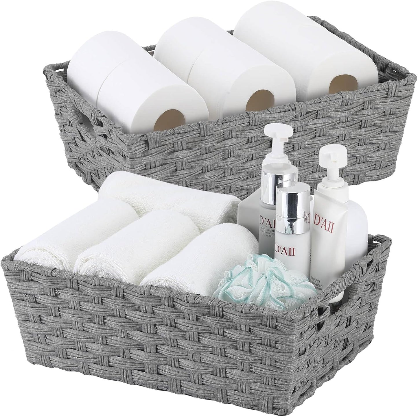 Large Wicker Storage Basket, Metal Frame, Set of 2, Washable Waterproof, 15" x 10.3" x 5.2", Grey Color, Woven Basket for Pantry, Toilet, Bathroom, Bedroom, Patio