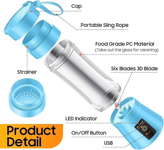 Cordless Portable Personal Size Blender - Mini Blender Make Smoothies and Shakes, 380Ml BPA Free Travel Cup, Powerful Blending Suit in Office/Home/Gym, Mother's Day