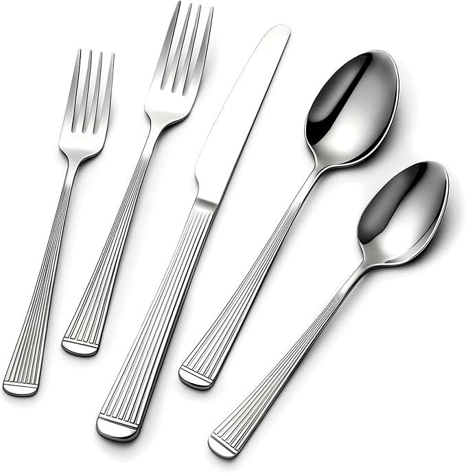 Yoehka 60-Piece Hammered Silverware Set for 12, Stainless Steel Flatware Set with Roman Column Handles, Mirror Polished Cutlery/Utensils Set for Home, Restaurant, Hotel, Dishwasher safe