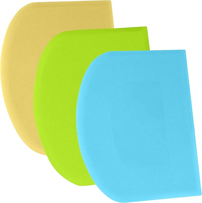 SURDOCA Dough Scraper Bench Scraper - 3P 13x7.9" Plastic Flexible Bowl Scraper, Sharp Edge & Angles Cake Scraper. Non-Slip Bakeware Decorating Tools Sculpting & Modeling Tools - Blue+Yellow+Green