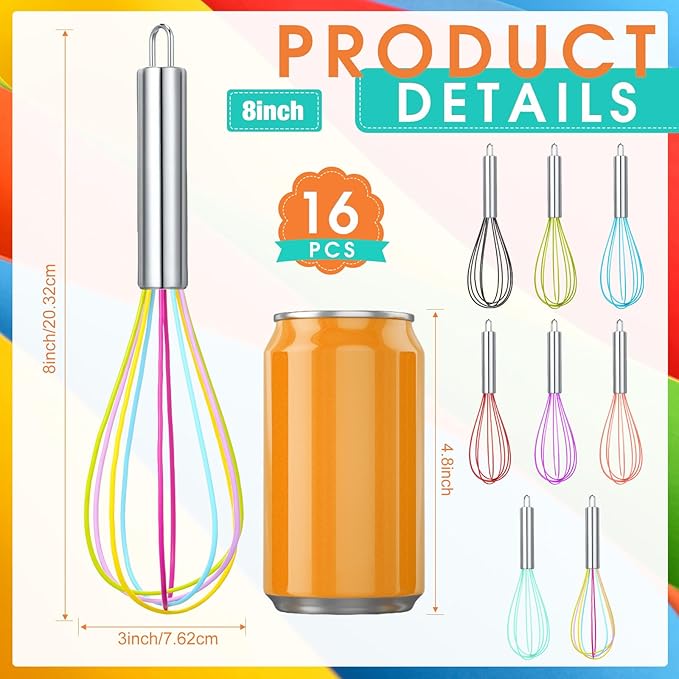 Domensi 16 Pcs 8 Inch Whisks Bulk for Cooking Silicone Whisks Non Scratch Stainless Steel Hand Coated Metal Heat Resistant Egg Beaters for Classroom Cook Party Favor Gift Supplies