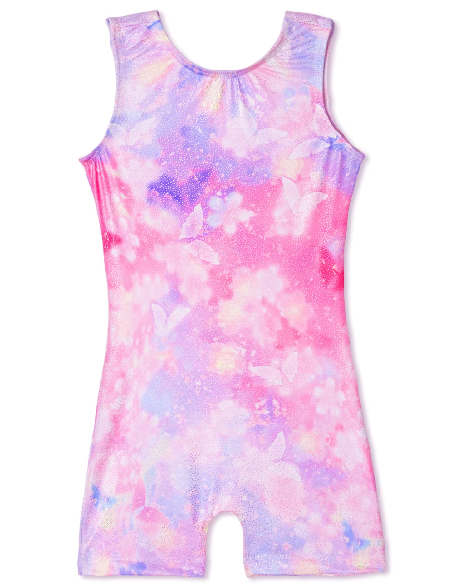 TENVDA Girls Gymnastic Leotard Size 5-6 Years Old Sparkly Pink Butterfly Print Biketards for Tumbling Class Workout