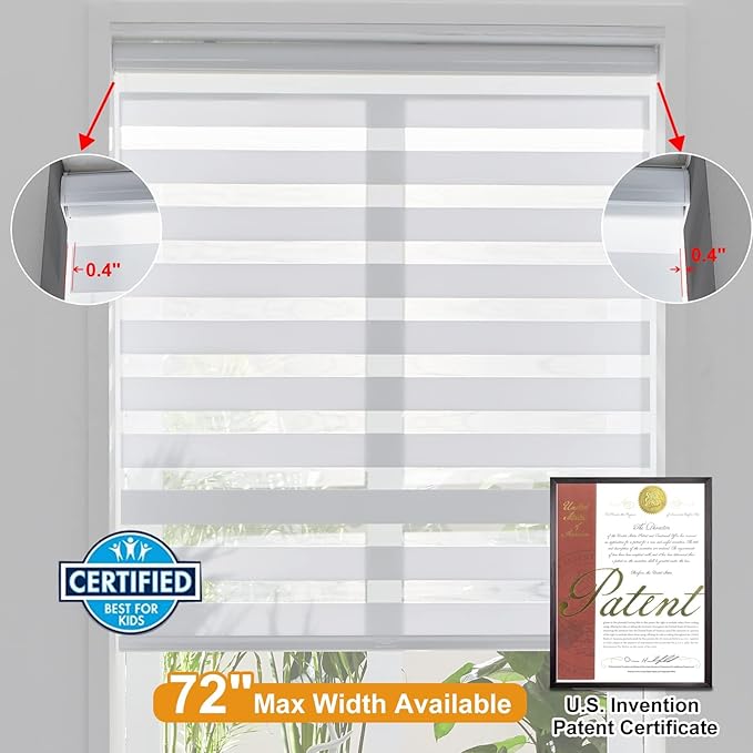 Persilux Cordless Zebra Blinds for Windows, Free-Stop Room Darkening Window Blinds (40" W x 72" H, White) Light Control for Day and Night, Privacy Protection Window Treatments Roller Shades for Home