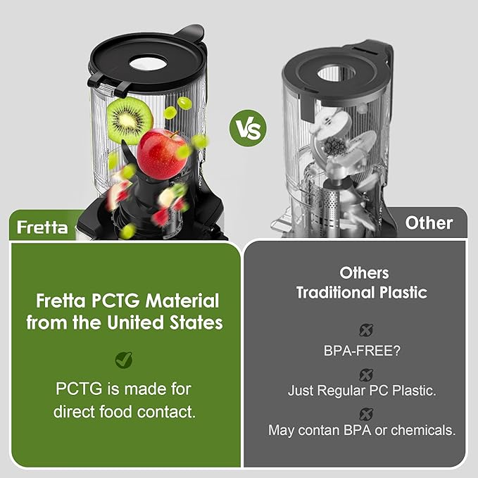 Juicer Machines,Fretta Cold Press Juicer with Large Feed Chute,Fit Whole Fruits & Vegetables,High Juice Yield,BPA-Free,PCTG Material from US (Polished Silver, 1.0 L)