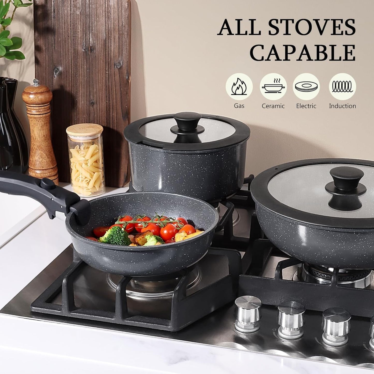 GiPP Ceramic Pots and Pans Set Non Stick, Nonstick Detachable Handle Cookware Sets, Non Toxic Induction Kitchen Pot and Pan with Removable Handle, Healthy RV Cookware, Dishwasher ＆Oven Safe, 5 Piece