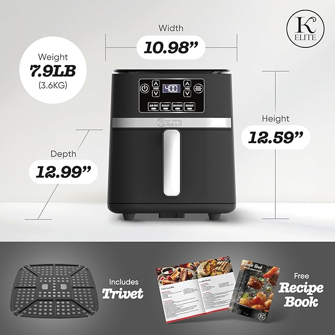 Kitchen Elite 3 Quart Digital Air Fryer Oven Compact Countertop Oil-Free Cooker with PFAS-Free Nonstick Basket, Easy Clean, Black