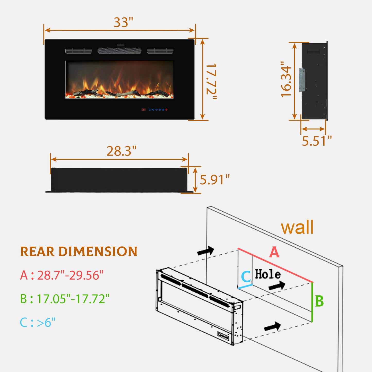 Kentsky 33 inches Electric Fireplace Inserts, Recessed and Wall Mounted Fireplace Heater, Linear Fireplace w/Thermostat, Remote & Touch Screen, Multicolor Flame, Timer, Log & Crystal, 750W/1500W