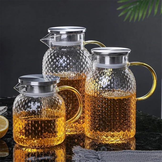 Cold kettle Glass Water Pitcher with Filter Lid and Pouring Spout Heat Resistant Glass Carafe for Hot Cold Beverages Homemade Ice Tea Bottle Water Pitcher Set for Hot/Cold Water(1.8L)