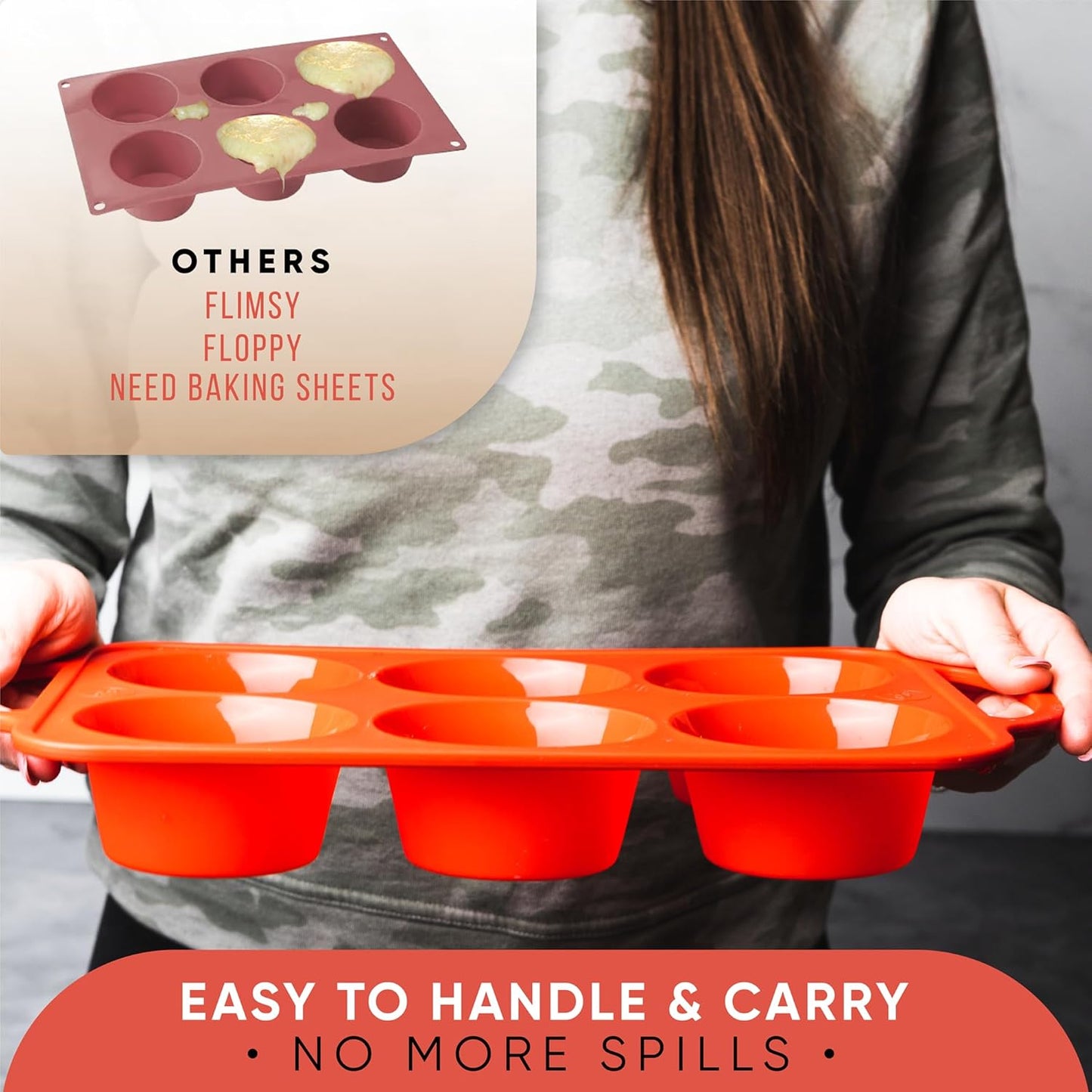 Regular Size 6 Cup Silicone Muffin Pans for Baking - Non-Stick Silicone Cupcake Pans, Easy-Release, Metal Handles, BPA-Free, Dishwasher & Oven Safe, Even Baking Muffin Tray