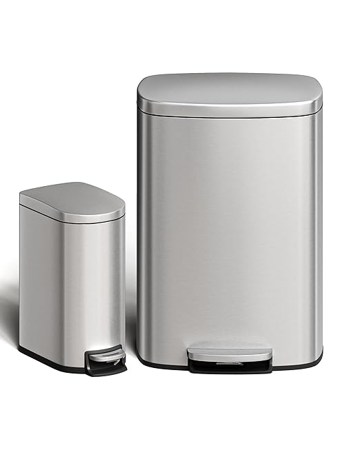 Garvee 13 gal (50 L) and 2.6 gal (10 L) Stainless Steel Trash Can Combo Set, Rustproof Garbage Can with Lid for Kitchen and Bathroom, Step-on Trash Bin with Inner Bucket, Rear Handle, Silver