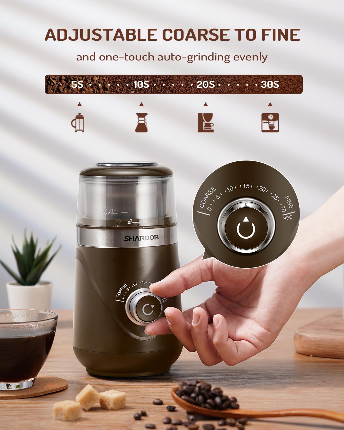 SHARDOR Electric Super Silent Blade Coffee Grinder, Timed Grind Control Rotary Knob, Adjustable Coarse to Fine for Coffee Beans, Spices & Herbs, with 1 Removable Stainless Steel Bowl, Brown