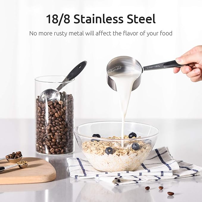 U-Taste 18/8 Stainless Steel Measuring Cups and Spoons Set of 10 Piece, Upgraded Thickness Handle and 1.5oz Heat Resistant Angled Turkey Baster with Cleaning Brush for Cooking Basting (Black)