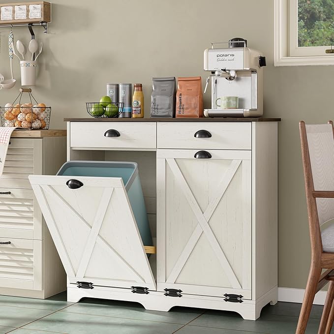 Furniouse Farmhouse Trash Can Cabinet, Double Tilt Out Trash Bin Cabinet with Barn Doors & Hideaway Drawers for Kitchen, Antique White