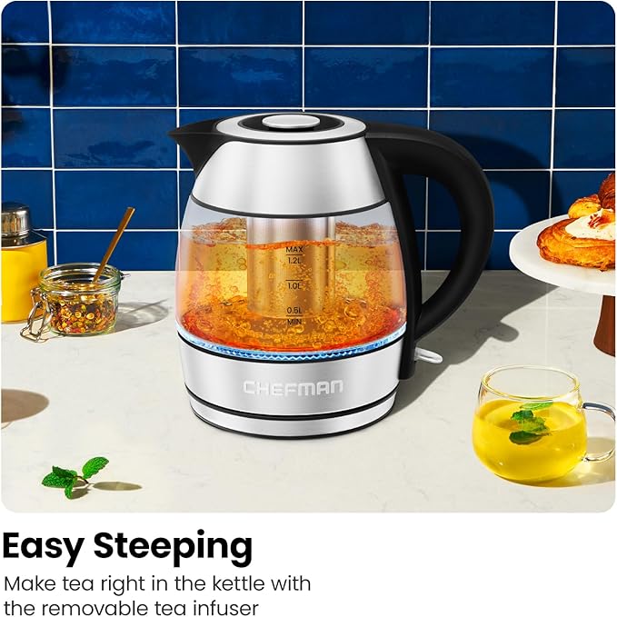 CHEFMAN Electric Kettle - 1.2L 1500W Hot Water Tea Pot with Infuser, BPA Free, Auto Shut Off, Boil-Dry Protection, Removable Lid, LED Light, Cordless Glass Electric Tea Kettle – Stainless Steel