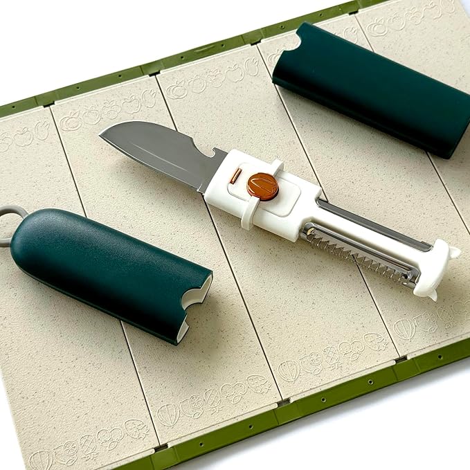 5-in-1 Small Cutting Board Set，Multifunctional Travel Stainless Steel Fruit Knife with cover，Outdoor Portable Peeling Fruit Potato Peeler for Travel, Camping, Kitchen (orange)