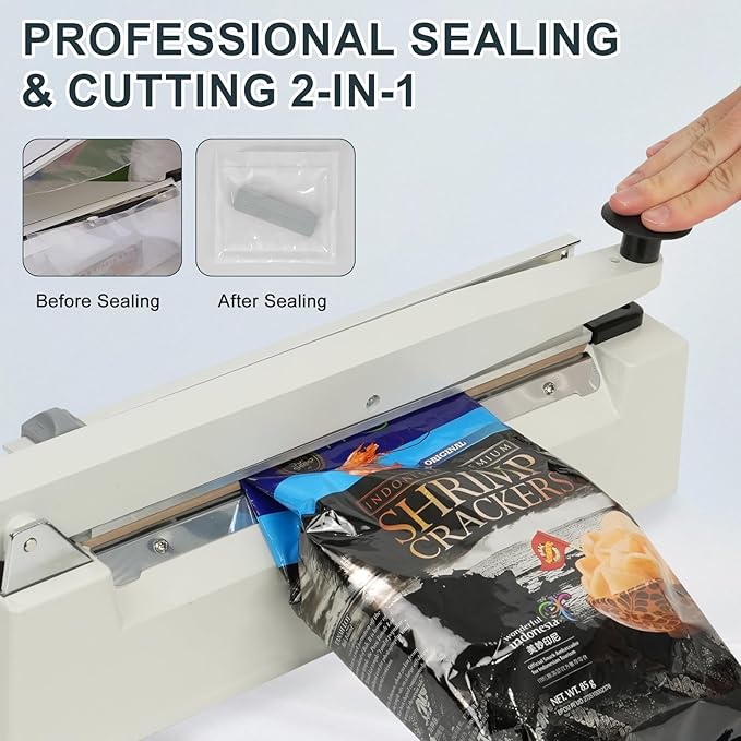 Impulse Heat Sealer with Sealing Bar: Heavy-Duty Bag Sealer with Extra Cutting Blade (White, 16-Inch)