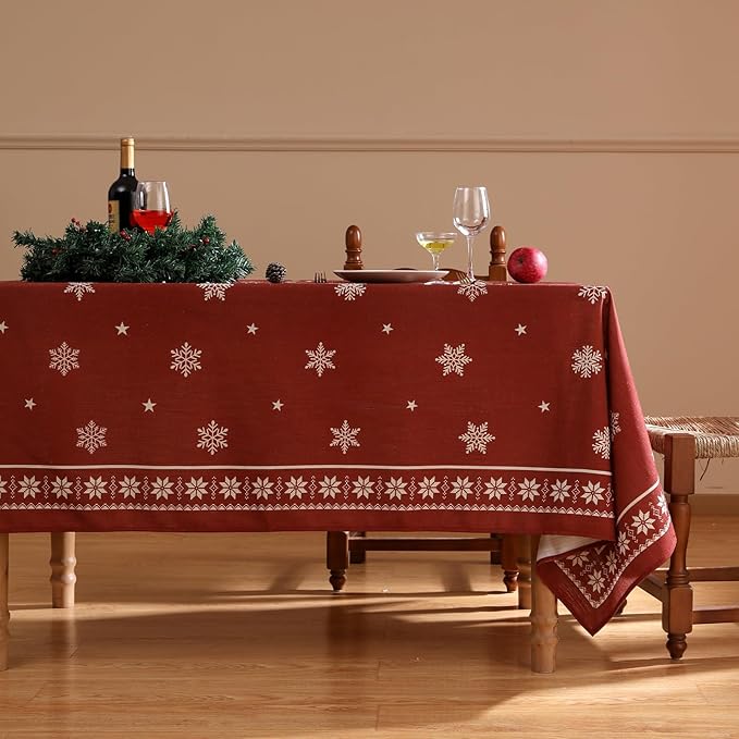 ISAENNE Designer Christmas Red Extra Long Rectangle Tablecloth,Linen Table Cloth with Snowflakes Pattern,Wrinkle Resistant Decor Tablecloths for Dining Kitchen Thanksgiving,63"*110"-Carol C