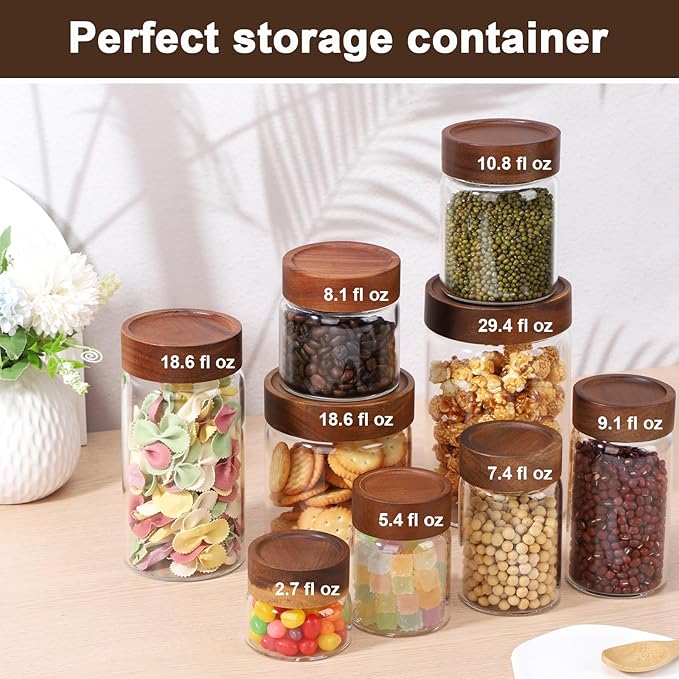 Glass Jar with Wood Lid, 2 Pack 19oz Glass Canister with Airtight Lids, Wide Mouth Screw Top Mason Jars for Sugar, Coffee, Tea, Oatmeal, Cereal, Bean, Candy - 3.1 x 5.9 inch Seasoning Bottle