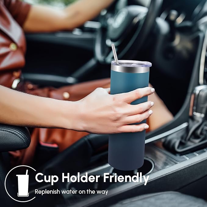 Volhoply 8 Pack Skinny Tumblers with Lid and Straw, 20oz Stainless Steel Straight Tumbler Bulk, Vacuum Insulated Coffee Mug for Home, Office, Travel, DIY (Dark Night,8 Pack)