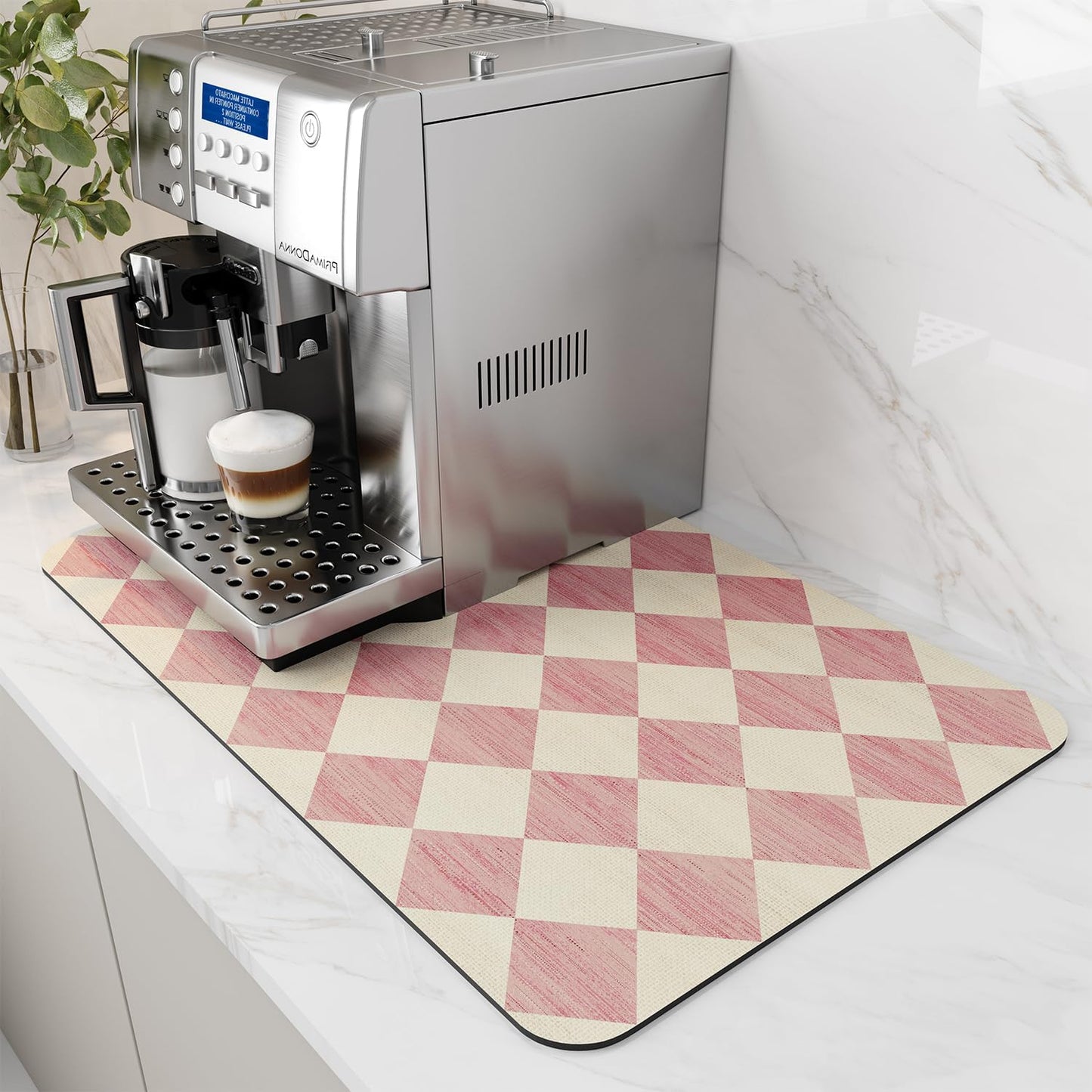 AMOAMI Coffee Mat Hide Stain Rubber Backed Absorbent Dish Drying Mat for Kitchen Counter - Fits Under Coffee Maker or Machine - PINK 12X19