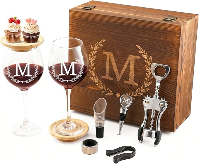 GZLDGIFTS Personalized Initial Wine Glasses Box Gift Set For Women Mom Engraved Birthday Monogrammed Wooden Christmas Gifts Wedding Anniversary Wine Couples Stopper Opener Initial Letterr (M Set)