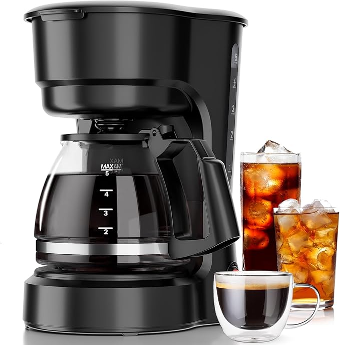 Kismile 5 Cup Coffee Maker, 0.75L Small Drip Coffee Machine with Anti-Drip Design, Dry Burn Protection, Removable Filter Funnel, Easy Mechanical Switch, Black