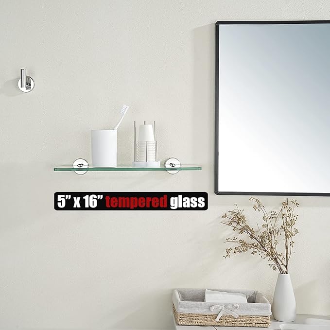 JQK Bathroom Glass Shelf Chrome, Tempered Glass Shower Storage 16 by 5 inches, 304 Stainless Steel Polished Chrome Wall Mount 2 Pack, TGS101L16-CH-P2