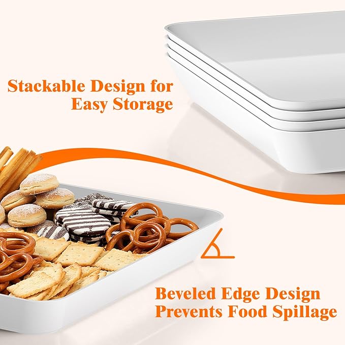 SpaceTrove 6-Pack Serving Tray Set, Reusable Plastic Serving Platter for Party Supplies, Entertaining, Grilling Accessories, Stackable Kitchen Snack Box Container for Dessert, Fruit, Cookie, (White)