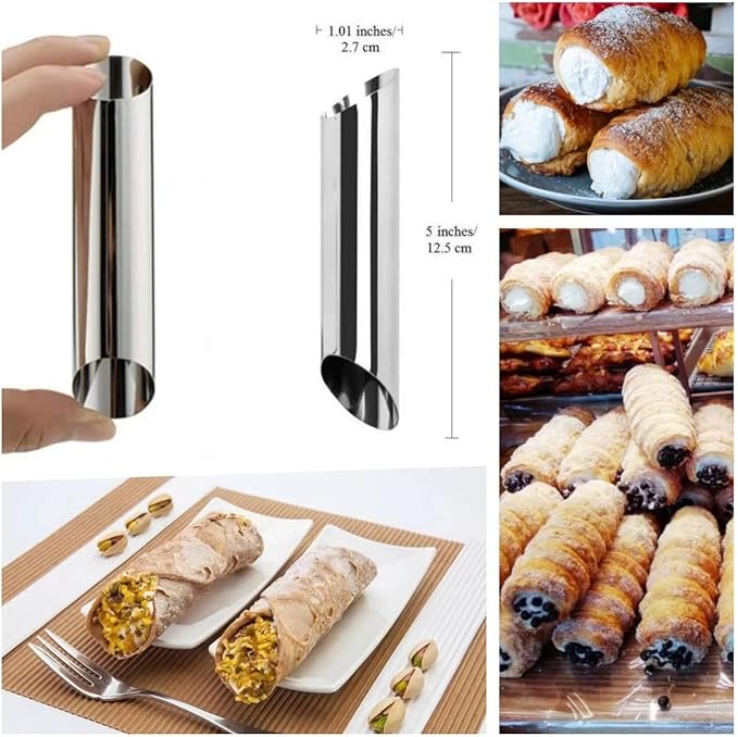10 Pack Croissant Baking Forms 5 Inch + 10 Pack 5 Inch Cannoli Tube Moulds Kit, with Blue Pastry Bags Reusable, Cleaning Brush and Quality long Cream Icing Piping Tip for DIY Croissant Rolls