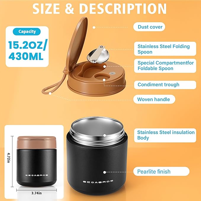 15.2oz Kids Thermo for Hot Food – Vacuum Insulated Food Jar with 316 Stainless Steel Interior, Leakproof Wide Mouth Soup Thermos for School Lunch (Ice Cream Pink)