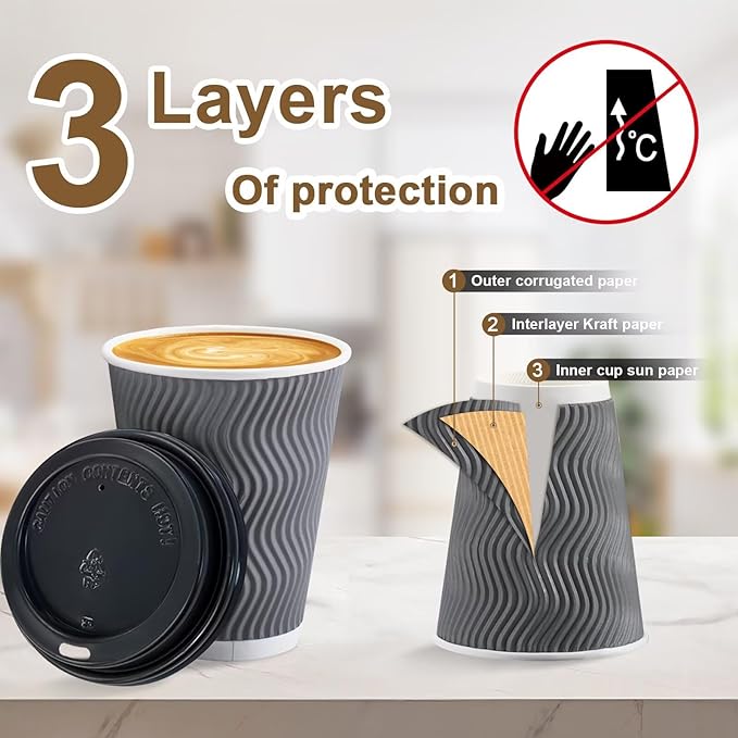 100 Pack 12 oz Disposable Coffee Cups with Lids, Insulated Ripple Wall To-Go Paper Coffee Cups Suitable for Chocolate Cocoa and Hot/Cold Drinks (Grey)