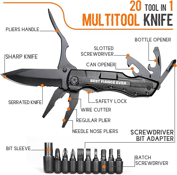 Fiance Gifts for Him, Multitool Knife, Fiance Gifts, Fiancé Christmas Practical Gift, Fiancé Gift for Camping, Hiking, Fishing, 20 in 1 Multitool