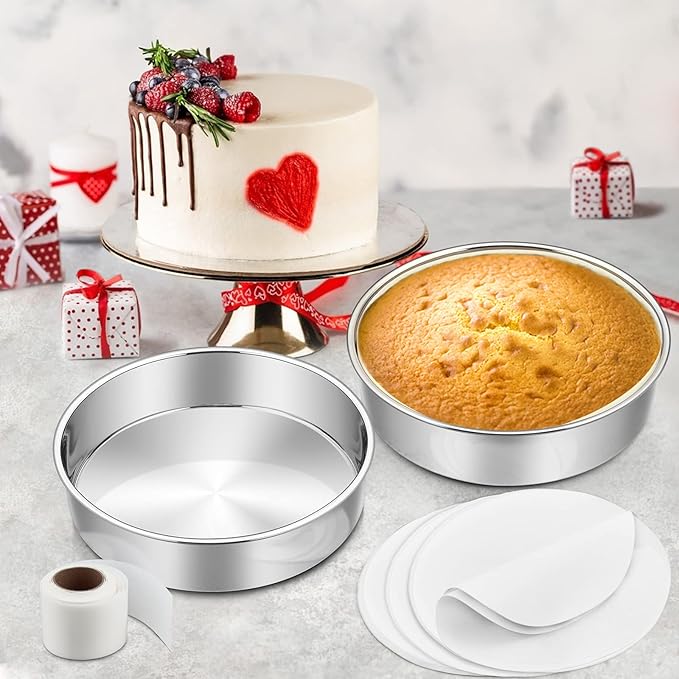 6 Inch Cake Pan Set of 3, E-Far Stainless Steel Round Layer Smash Cake Baking Pans with Parchment Rounds & Side Liner Roll, Non-Toxic & Healthy Metal Cakes Tin, Straight Side & Dishwasher Safe
