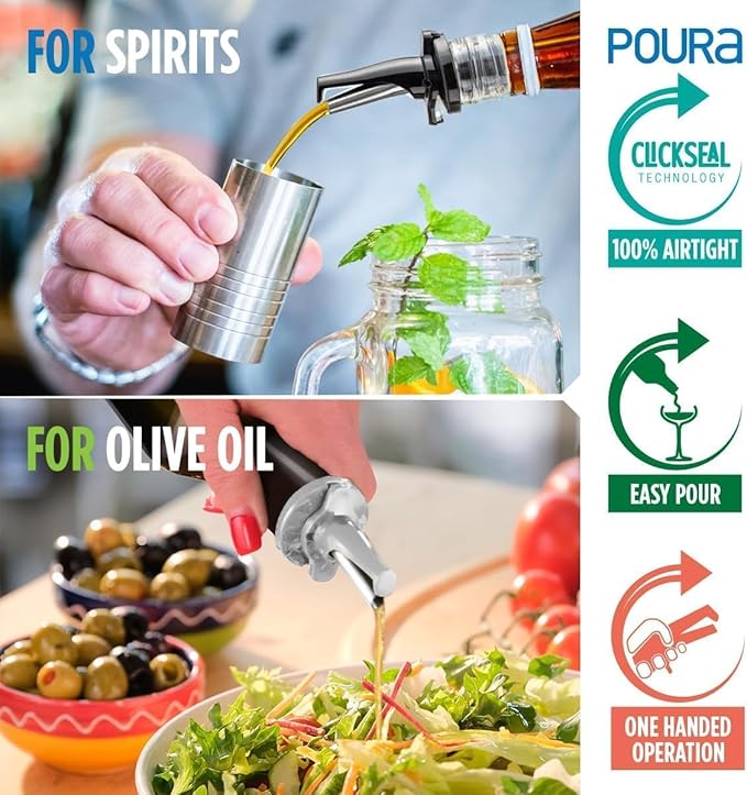 24 Liquor Bottle Pourers - Hygienic ClickSeal Alcohol Speed Pour Spouts - Stops Barfly, Dishwasher Safe. Also for Olive Oil, Juice, Syrup. Black 24Pk with 2 Adapters for Large Bottles