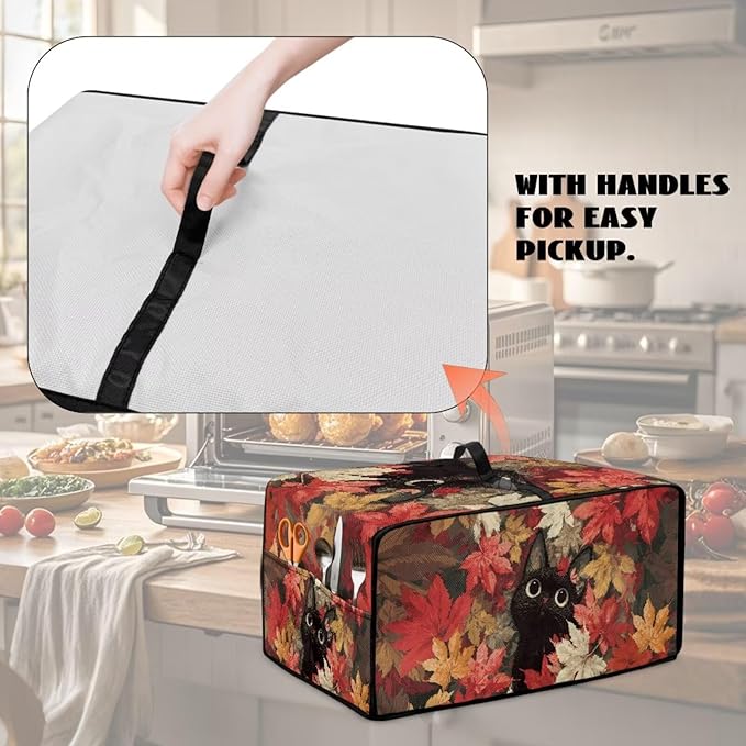 Air Fryer Toaster Oven Dust Cover Dust Protection Countertop Convection Oven Cover Stain-resistant Kitchen Appliance Protector, L, Black Cat Maple Leaf Fall Decor