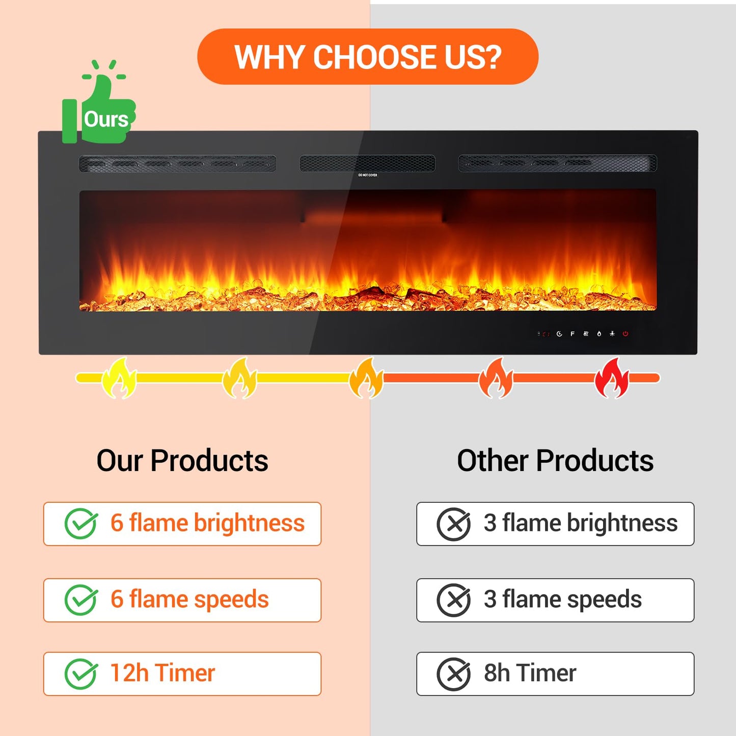 Takywep Electric Fireplace, 60 Inches, 5120 BTU Heat Output, 12 Flame Color, Black, Wall-Mounted or Recessed, Timer, Quiet Operation, Multicolor Flame, Faux Logs, Crystal Stones