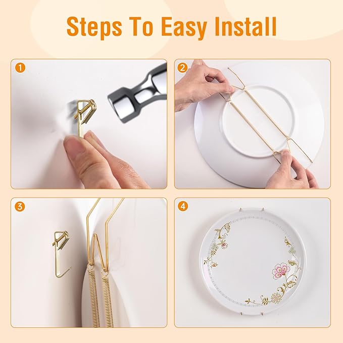 Bilillo 12 Pieces Heavy Duty Invisible Wall Plate Hangers, Stainless Steel Wire Plate Holders with Hooks and Rubber Protectors, Safe and Sturdy Display Hangers for 4-5 Inch (Gold)