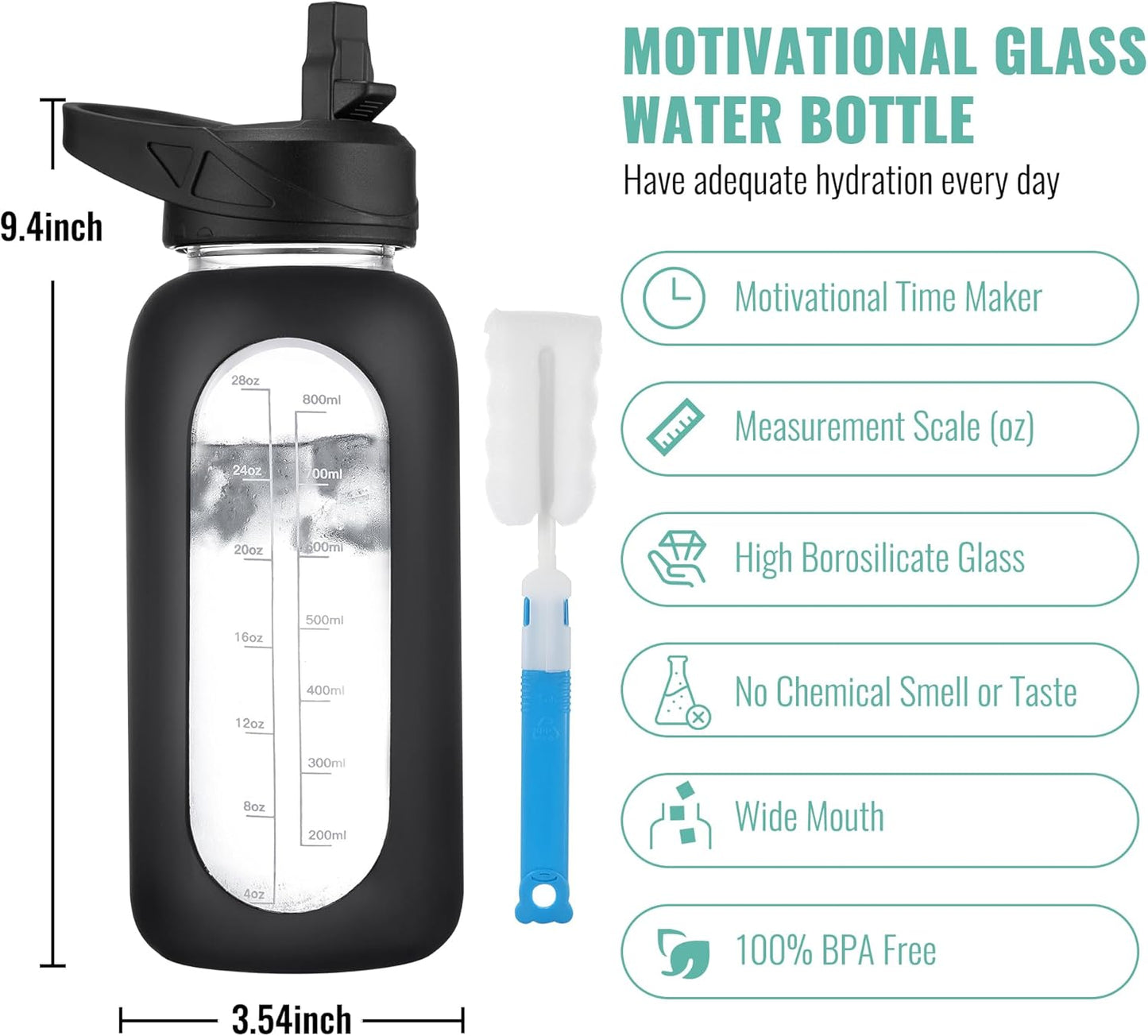 CIVAGO 32 oz Glass Water Bottle with Straw and Handle, Large Sports Motivational Water Bottle Flask with Time Marker and 2 Lids, Leakproof Water Jug Canteen with Silicone Sleeve for Gym,Mauve