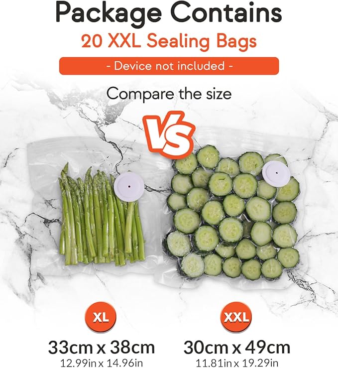 Reusable Vacuum Sealer Bags for Food, XXL 20 Pack (30 x 49 cm / 11.8 x 19.3 in) – BPA‐Free Leak‐Proof Zip Bags with Air Valve, Freezer & Sous Vide Safe, Works with Handheld Sealers