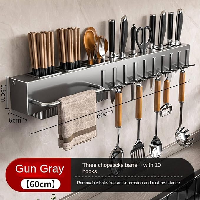 New Multi-Functional Kitchen Rack Home Wall-Mounted Knives Chopstick and Spoon Storage Rack Punch-Free cookware draining Rack, 30, Gray