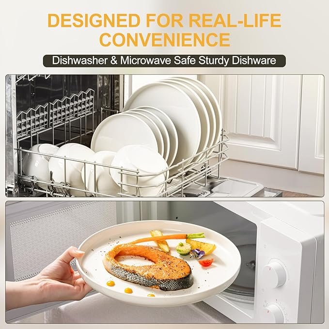 EWFEN Plates and Bowls Sets, 24 Pieces Ceramic Dinnerware Set for 8, Stoneware Dishware Dishes Set, Scratch Resistant Dishes Set, Dishwasher & Microwave Safe, White