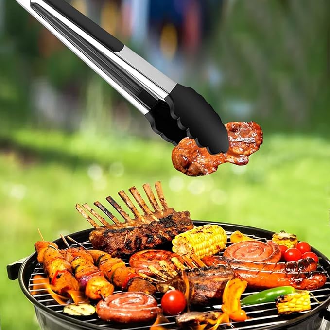 Red Stainless Steel Tongs Heat Resistant Kitchen Tongs Set - 7" & 9" Inch, BBQ Tongs with Silicone Tip, Strong Grip for Cooking, Salad Tossing, Air Fryer, and Grill Tongs- Pull Lock, Red- Set of 2