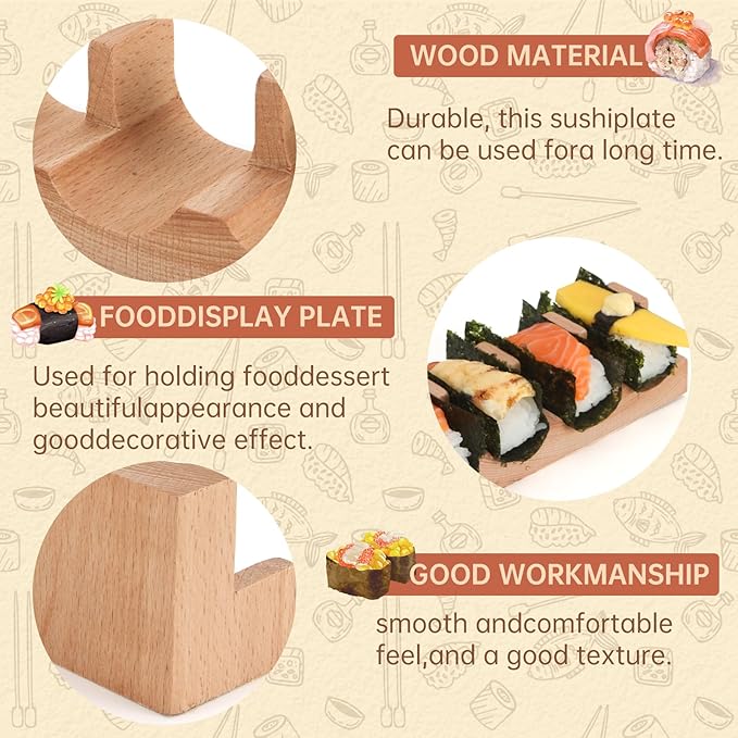 Wooden Taco Holder Stand for Sushi Hand Roll, Temaki & Sushi Roll – 1/2/3/5 Slot Sushi Display Tray, Natural Wood Serving Platter (10 pcs per Pack) (3 Slots (10 pcs))