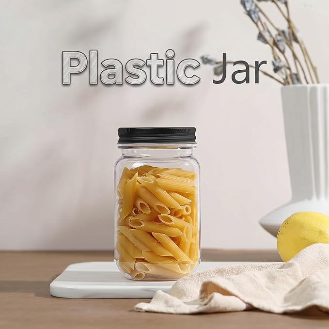 novelinks 16 oz Clear Plastic Jars with Lids, Refillable 16oz Mason Jars with Lids & Storage Containers for Kitchen & Household Use (24 Pack,Black)