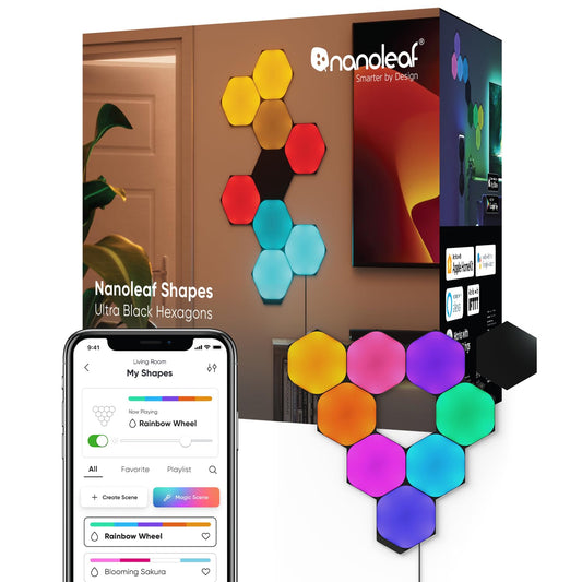 Nanoleaf Shapes LED Wall Lights, RGBW Smart Wall Panels with 16M+ Color, Compatible with Alexa & Google Assistant, Music Sync, DIY Gaming Light for Home Decor (Black Hexagons Smarter Kit 9 Pack)