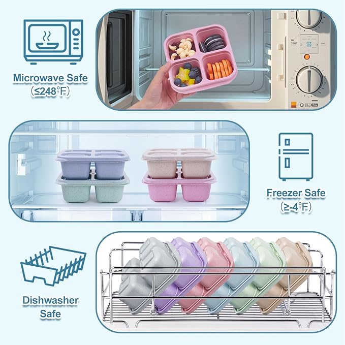4 Pack Snack Containers, 4 Compartments Snack Box Containers with Lids, Reusable Meal Prep Lunchable Container for Adults, Microwave Dishwasher Safe, Divided Food Storage Containers for Work Travel