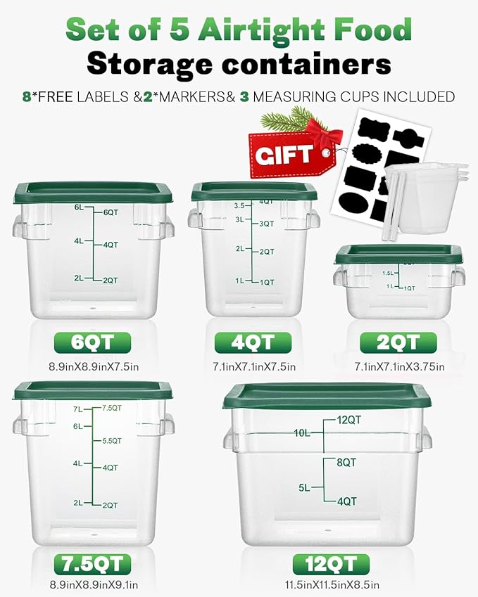 4QT NSF Food Storage Containers: 6 PCS [Food Grade][Hot&Cold Resistant] Commercial Clear Food Storage Containers with Lids for Restaurant Kitchen Proof Dough, Measuring Spoons Included(Green N)