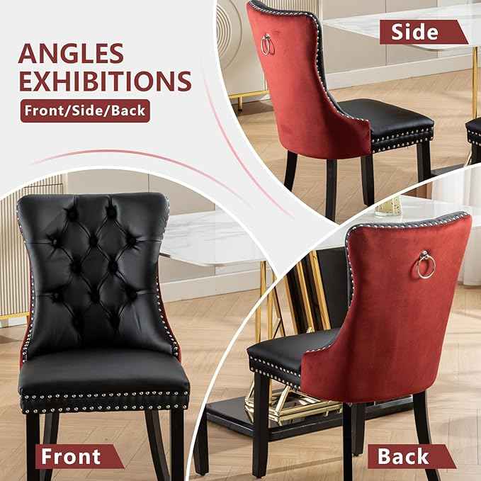 Dining Chairs Set of 6, Upholstered Dining Room Chairs with Back Ring Pull Trim and Solid Wood Legs, Modern Tufted Kitchen Chairs Perfect for Dining Room, Black Pu Leather Splicing WineRed Velvet