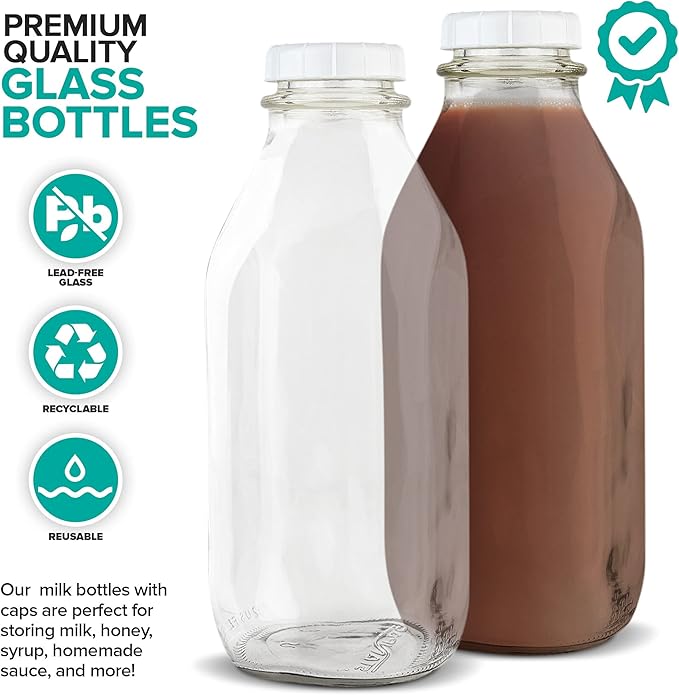 Stock Your Home Liter Glass Milk Bottle with Lid (4 Pack) 32 Oz Jugs and 8 White Caps, Reusable Food Grade Container for Refrigerator, Juice, Oat or Plant Milks, Water, Honey