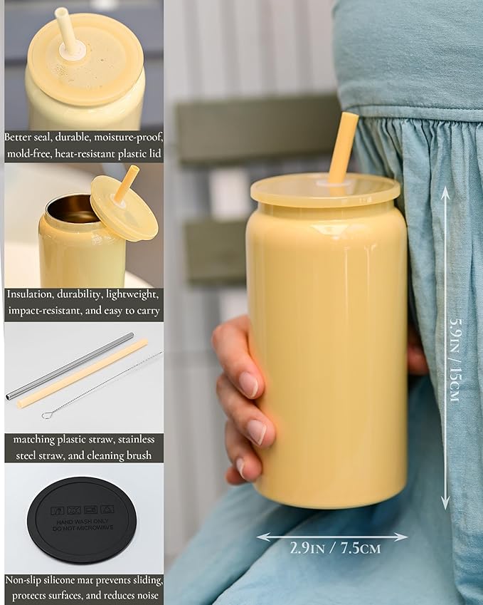 Glass Cups with Lids and Straws, 16oz Stainless Steels Cups, Beer Cups, Iced Coffee Cup, Smoothie Cup, Sublimation Tumbler, Yellow (Smooth Polished Finish, Sublimatable)